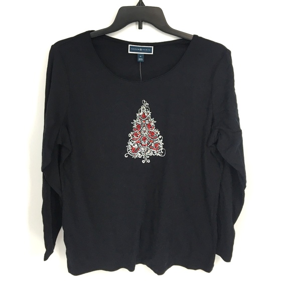 Karen Scott Embellished Christmas Tree Black Top - Picture 2 of 8
